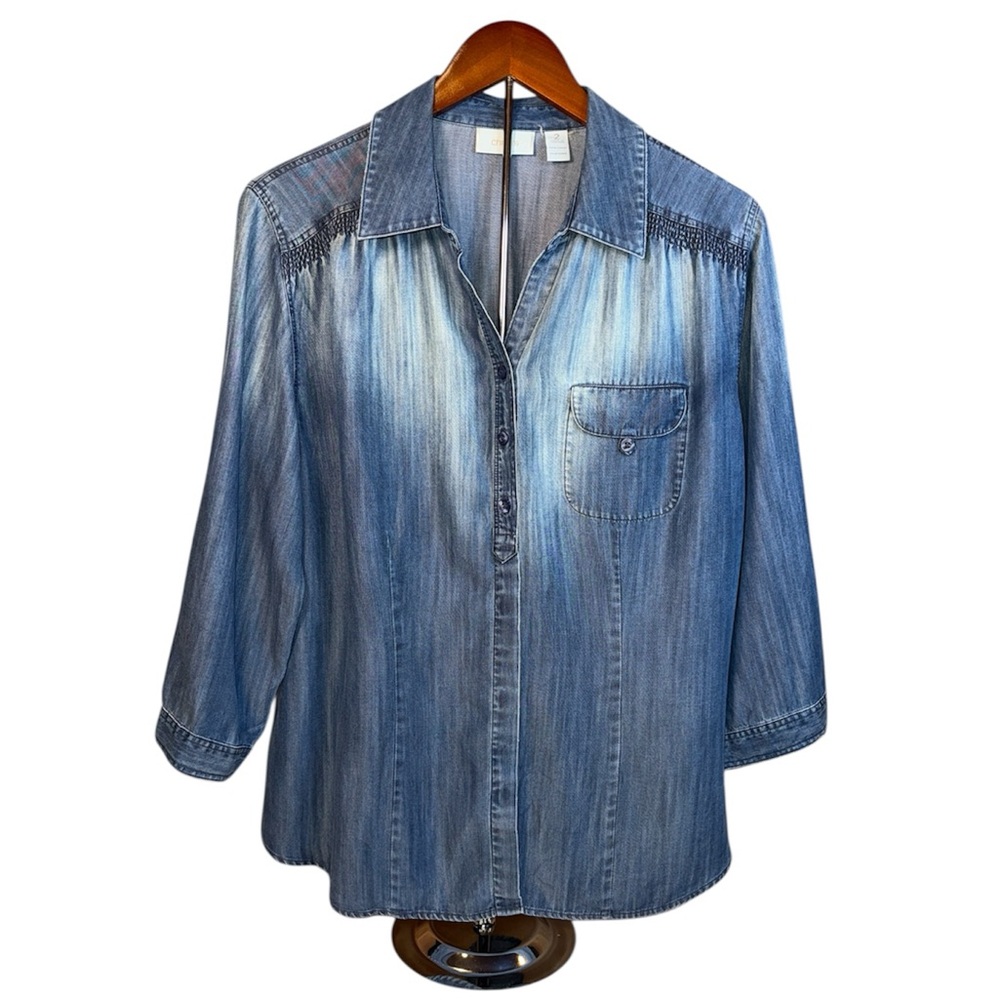 Chico's Chambray Button-down Shirt 3/4 Sleeve Blue Ombre Wash Size 2 or XL